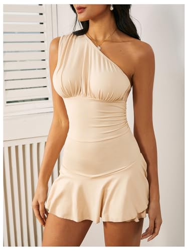 Image of WDIRARA Women's One Shoulder Ruffle Hem Dress Hign Waist A Line Mini Dress with Short