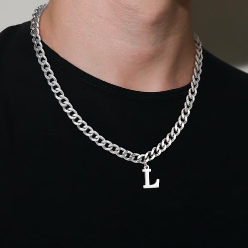 Initial A-Z Cuban Link Chain Necklace for Men, Stainless Steel Letter Pendant Necklace Diamond Cut 6MM Cuban Link Chain Initial Necklace Gifts for Men Father Boyfriends4