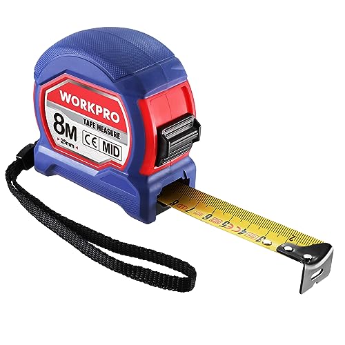 WORKPRO Cinta Metrica 8m x 25mm, Metro Profesional, Flexometro 8 Metros, Cinta Métrica con Clip de Cinturón
