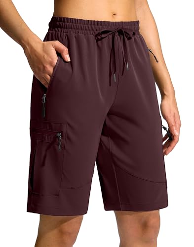 SANTINY Women's 10'' Lightweight Hiking Cargo Shorts with 5 Zipper Pockets Quick Dry Summer Long Travel Golf Shorts for Women (Wine_L)