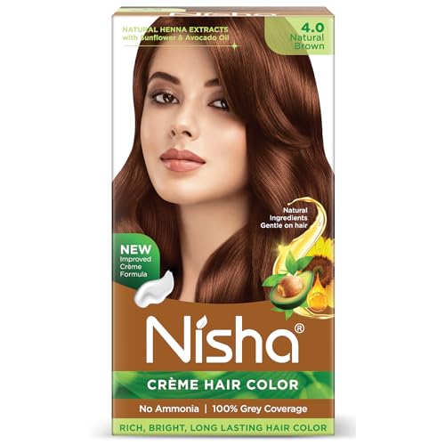 Image of Nisha Creme Hair Color, Permanent Hair Colour Natural Brown, Silky & Shiny 100% Grey Coverage & Ammonia Free Color With Natural Henna Extract, 60G+60Ml
