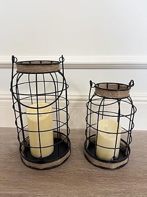 MATAHUM Rustic Farmhouse Decorative Lanterns Set of 2, Boho Lanterns with Candles and Wood Beads, Lantern Decor for Living Room Patio Porch Fireplace Kitchen Dining Table Centerpiece
