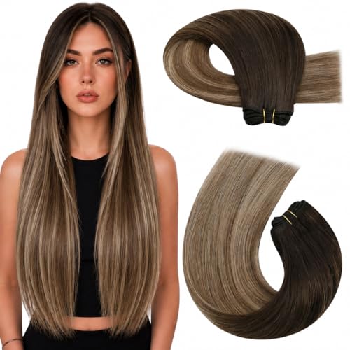 Image of Moresoo Human Hair Weft Extensions, Balayage Brown with Blonde | 18 Inch 100g, crafted with Remy human hair for easy blending, ideal for date nights, parties and dimensional waves