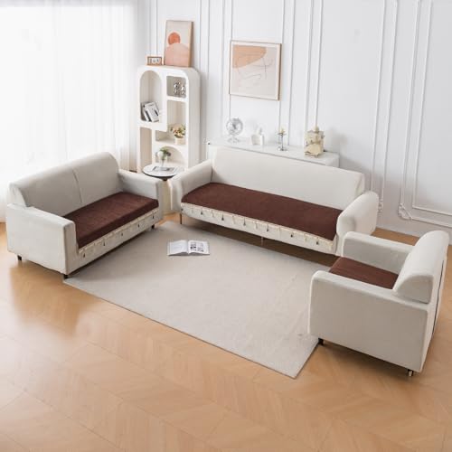 Image of HOKIPO 'Serenity Tassel' Chenille Sofa Cover 6 Seater Set with Tassels - Washable 3+2+1 Sofa Cover Mat | Chestnut Luke (IN-890 + IN-891 + IN-892 - BR)