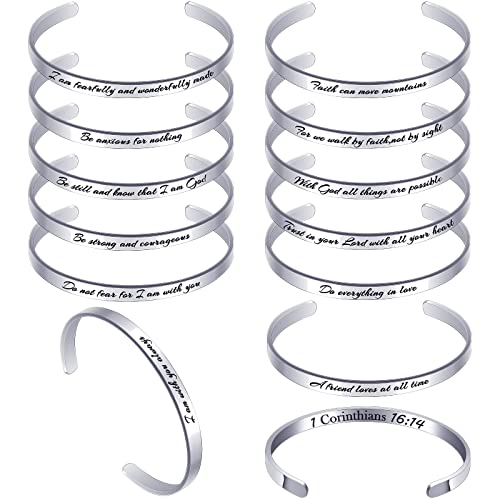 Funtery 12 Pcs Christian Bracelet Engraved Bible Verse Jewelry For Women Religious Baptism Gifts Inspirational Scripture Open Cuff Bangle Confirmation Gifts For Friend Encouragement cover