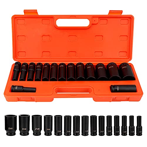 Black Friday - 50% OFF Impact Sockets 15pcs 1/2" Deep Impact Socket Tool Set Professional Carbon Steel Material Metric Garage Workshop 10-32 MM with A Storage Case