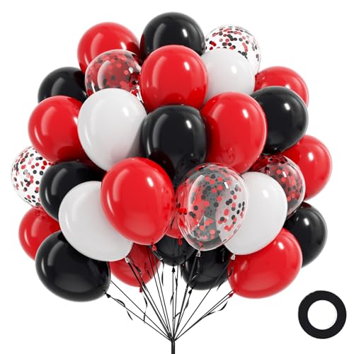 Image of 60pcs Red and Black Balloons 12inch, Red Black and White Balloons with Confetti Balloon for Wedding Graduation New Year Eve Birthday Party Decorations