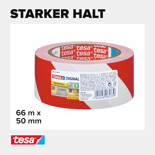 tesa Signal Markierungsklebeband UNIVERSAL - selbstklebendes Warnband zur permanenten Markierung und Kennzeichnung von Gefahrenzonen - aus robustem PP - 66 m x 50 mm - Rot/Weiß