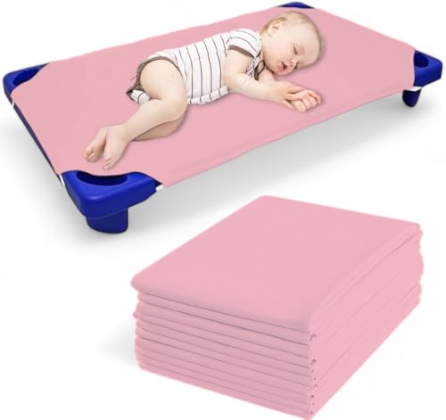 Image of Daycare Cot Sheets Pack of 12-22 x 52 Preschool Cot Sheets for Toddlers - Soft Breathable Polyblend Toddler Nap Time Sheets with 4 Corner Elastic Straps - Standard Daycare Cot Bedding Pink