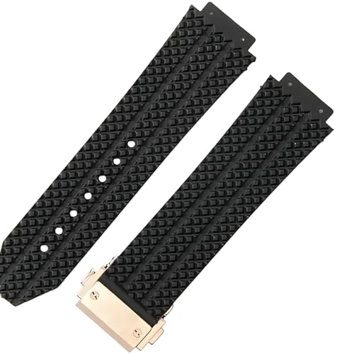 Image of ROUHO 25mm Silicone Rubber Men's Watch Strap Sweatproof Odorless Rubber Watchbands for HUBLOT Big Bang Classic Fusion-Black + Rose Gold Buckle