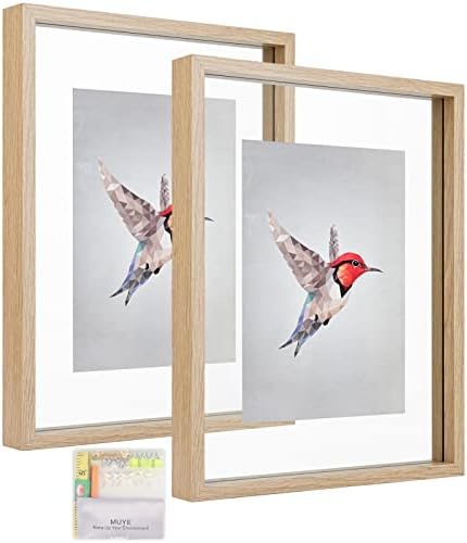 MUYE 11x14 Floating Frame Set of 2,Double Glass Rustic Photo Frame,Display Any Size Photo up to 11x14,Wall Mount or Tabletop Standing,Natural