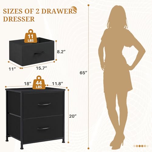 Image of Nightstand, 2 Drawer Dresser Bedside Storage Furniture, Small Dresser with 2 Drawers, End Table with Fabric for Bedroom, Closet, Entryway, College Dorm, Black