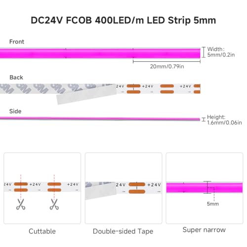 Image of 5mm Purple COB LED Strip Light DC24V Narrow Thin Flexible High Density Uniform Cob Strips 16.4FT UL Listed Dimmable CRI 90+ LED Tape Lights for Car Cabinets, No Controller /Adapter