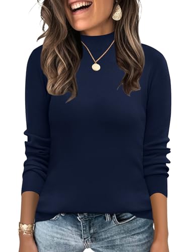 LOMON Womens Sweater Mock Turtleneck Long Sleeve Dressy Casual Knitted Pullover Sweaters Fall Winter Ladies Lightweight Basic Tops Navy Blue