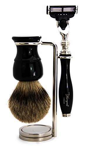 Haryali London Mens Shaving Kit 3 Edge Razor with Silver Tip Badger Hair Shaving Brush and Stainless Steel Stand Perfect Set for Men