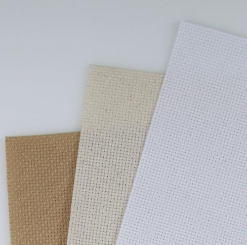 Image of KCS 3 pc of 15 inch x 18 inch(38cmx45cm) Counted Cross Stitch Cotton Aida Cloth Needlework Rolled Fabric Box,16CT,White+Oatmeal+Khaki
