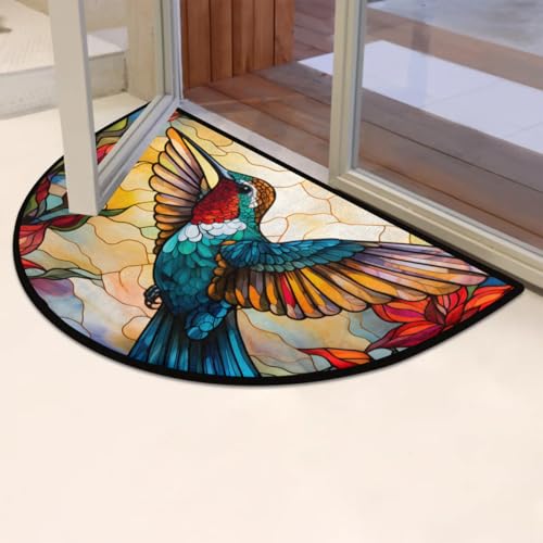 Image of Half Round Door Mat Hummingbird Bird Animal Flower Non-Slip Semi Circle Area Rug Washable Half Moon Hearth Rugs for Indoor Outdoor Bathroom Kitchen Patio Runner Mat Laundry Room Home Decoration