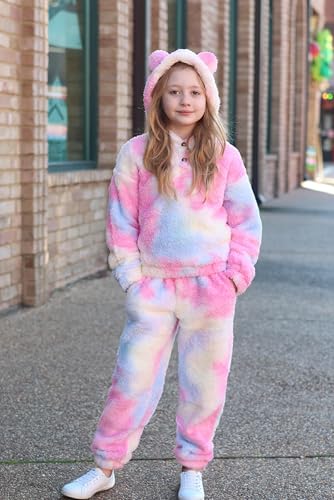 Image of Arshiner Girls 2 Piece Outfits Sweatsuit Fuzzy Long Sleeve Bear Ear Hoodie Sweatshirt and Sweatpant Kids Clothing Sets