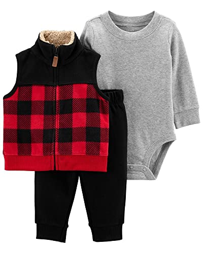 Carter's Baby Boys' 3 Piece Vest Set (Plaid/Red/Black, 9 Months)