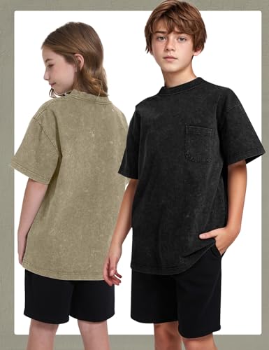 Image of COZYPOIN Unisex Kids Vintage Acid Wash Cotton Tees Crew Neck 3-16Y