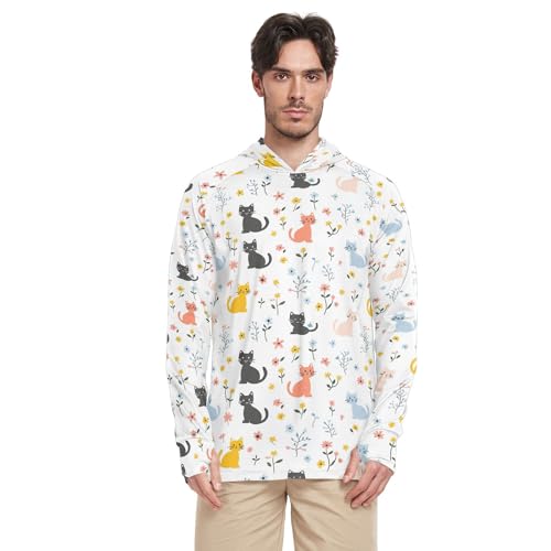 Cartoon Sweet Cat White Men's Sun Protection Hoodies Long Sleeve Clothing Hood Shirts UPF 50+ Farmer Shirt S