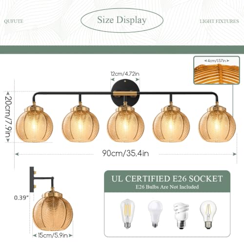 Image of 5 Light Glass Globe Wall Sconces Amber Modern Vanity Light Fixtures
