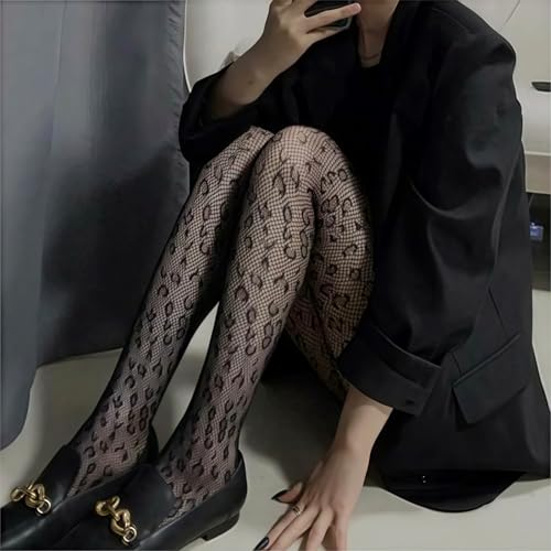 Dohia Leopard Patterned Fishnet Women's Patterned Tights Stockings Fishnet Sheertex Tights Black Stockings Pantyhose for Halloween Cosplay Party ST1-BWWW3