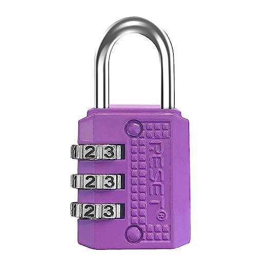 RESET-071 Lucchetto a combinazione, 3 cifre - Versatile e compatto per scuola, palestra, bagagli, valigie, zaini e cassette degli attrezzi - Imposta la tua combinazione - Viola