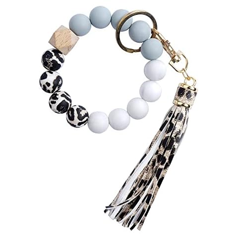Hosikugi Silicone Key Ring Bracelet for Women - Unique Stylish Beaded Bangle Wristlet Keychain (Leopard/Black) Cover