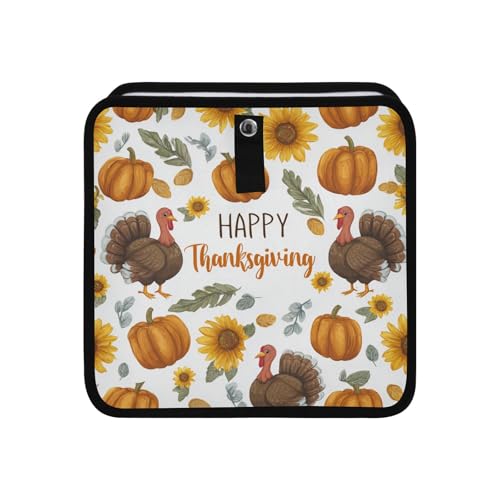 Image of Car Trash Can Organizer Bin with Adjustable Strap for Back Front Seat Console Waterproof Leakproof Collapsible Portable 11 Inch Thanksgiving Turkeys Sunflowers White