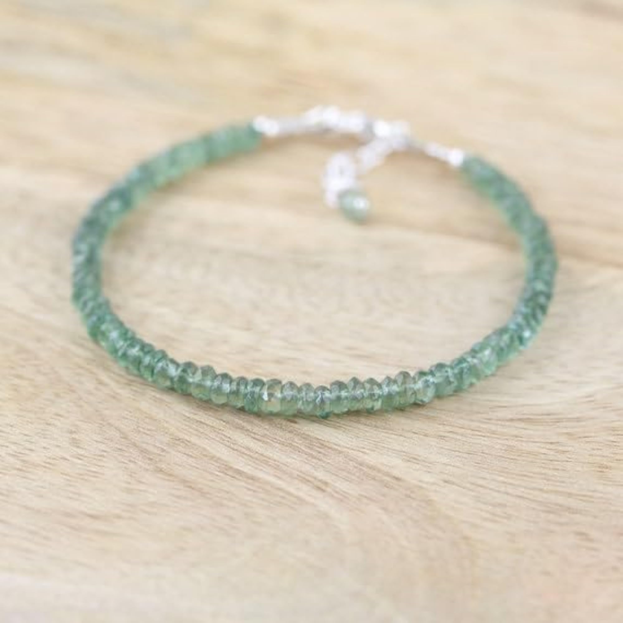 Green Apatite Rondelle Beaded Bracelet with Silver Lock, Adjustable