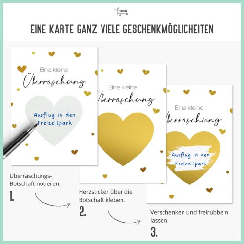 Things of Happiness Rubbelkarte zum selber beschriften | Überraschungskarte inkl. Briefumschlag Naturpapier | Rubbellos | Geschenk Muttertag, Vatertag | Gutschein Weihnachten DIN A6 (Herzen Gold)