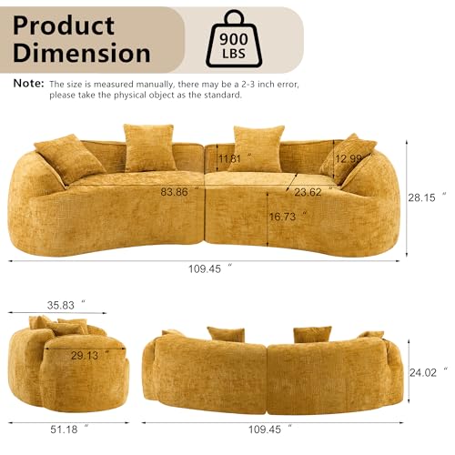 Image of 109-Inch Curved Boneless Modular Sofa Compressed 4-Seat Cloud Couch with 4 Pillows, Modern Curved Boneless Foam Sofa Floor Deep Seat Cloud Couch for Living Room Bedroom