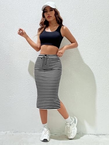 EARKOHA 2025 Skirts for Women High Stretch & Cool-Fabric Solid Split Side Drawstring Waist Skirt Black and White M3