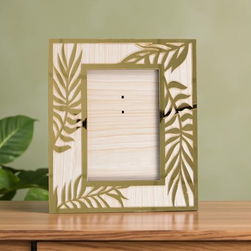 Image of Rectangle Photo Frame | Wooden Decorative Picture Frame with Leaf Laser Cut Border & Clear Acrylic Front | Wall & Tabletop Display | Premium Home Decor & Gift