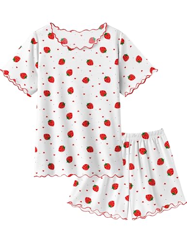 Arshiner Girls Pajama Set Short Sleeve Lounge Set Soft Shirring Summer Sleepwear Pj Sets