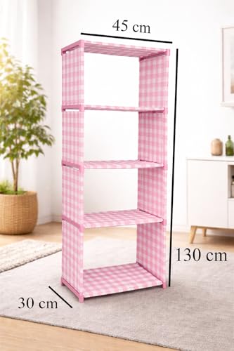 Image of Bumusty 5-Tier Shoe Rack, Pink Gingham Pattern, Fabric Storage Organizer, Space Saving Design Multipurpose Foldable Storage Rack, Bookshelf (5 Layer with Cover)