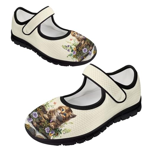 JoyLamoria House Cat Book Flower Print Womens Shoes Running Dress Loafers Diabetic Minimalist Flats Breathable Travel
