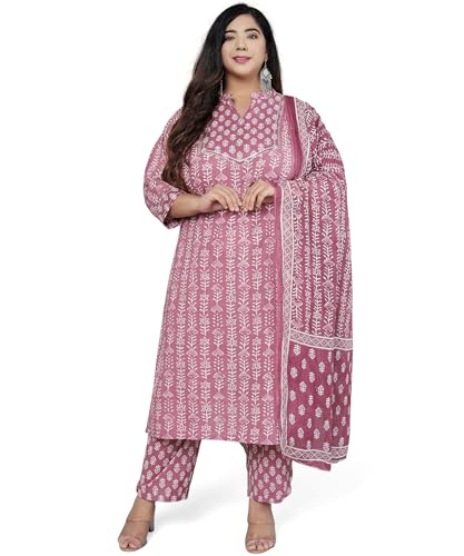 Image of MIRCHI FASHION Plus Size Pure Cotton Kurta Set for Women | 3 Piece Printed Straight Fit 4XL 5XL Kurta Pant Set with Dupatta | Ethnic Work Wear Set | 3XL 4XL 5XL Salwar Suit