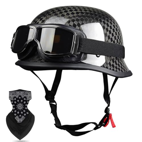 German Style Carbon Fiber Motorcycle Helmet, DOT Approved Thin Skull Cap Half Helmet for Adult Men Women, Novelty Half Shell Helmet, Retro Half Face Helmet Cruiser Scooter Chopper (A,X-Large)