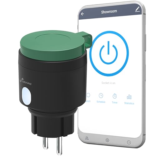 NIVIAN Intelligente WLAN-Steckdose für den Außenbereich, IP44, Fernbedienung, App Tuya, Verbrauchsmessung, Zeitplan und Timer, Smart Home Garten, kompatibel mit Alexa und Google, Smartlife App