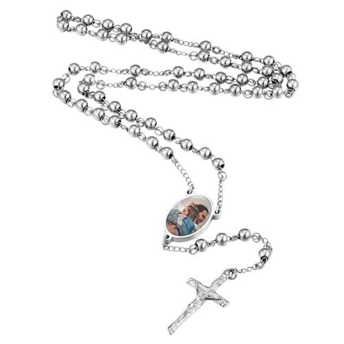 INBLUE Collar Rosario Foto Personalizado Grabado Texto Trasero Collar de Cuentas de Rosario Católico para Mujeres Acero Inoxidable Cruz Y Collar Cadena Rosario Oración Regalos - Plata
