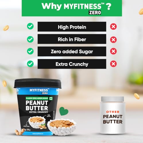 Image of MYFITNESS Zero Peanut Butter Classic Zero Sugar Extra Crunchy 510g | 28g Protein & 10g Fiber | Tasty & Healthy Nut Butter Spread | Cholesterol Free| Zero Trans Fat | Crunchy Peanut Butter (Pack of 2)