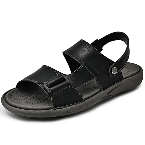 Sandals Men ' s Cowhide Casual Beach Shoes Genuine Leather Thick Sole Anti Slip Male Toe Shoes Black Brown(44)