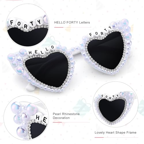 Etercycle 40th Birthday Sunglasses, Hello Forty Heart Glasses 40th Birthday Decorations For Women Men, White Shiny Diamond Pearl Glasses Happy Birthday Gifts3