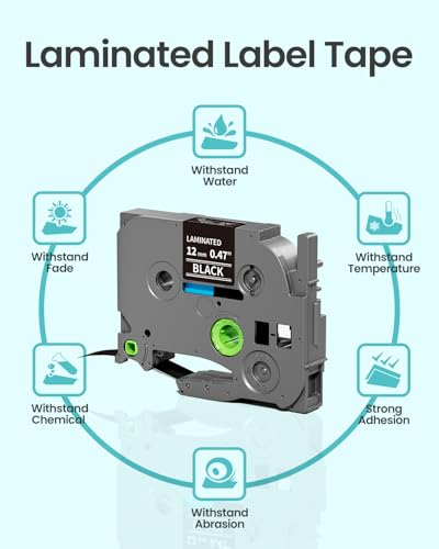 Image of 6-Pack Label Maker Tape 12mm 0.47 inch Black Tze-335 Replacement for Brother P Touch Label Tape TZe335 TZ-335, Compatible with Brother Ptouch PT-D210 PT-H110 PT-D220 PT-D400, White on Black