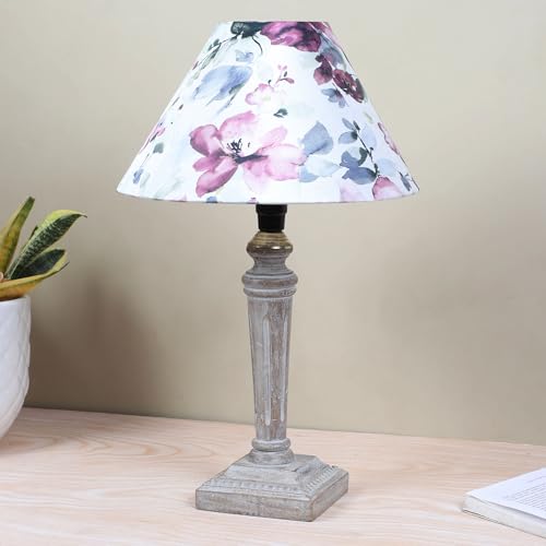 Image of tu casa Hand Carved Equine Wooden Base Table Lamp with Cobra Saffron Print with Satin Shade for Home Decoration Bedroom Living Room Lounge Office Festival Gifting Study Table H - 15 inch / No Blub