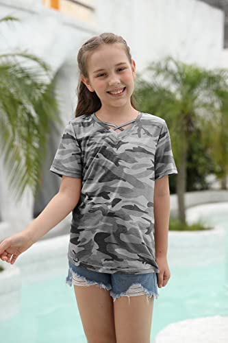 Image of Girls Camouflage Stripe Short Sleeve Shirts V Neck Criss Cross Tees Sweat Kids Casual Sport Tops Blouse(4-15T)