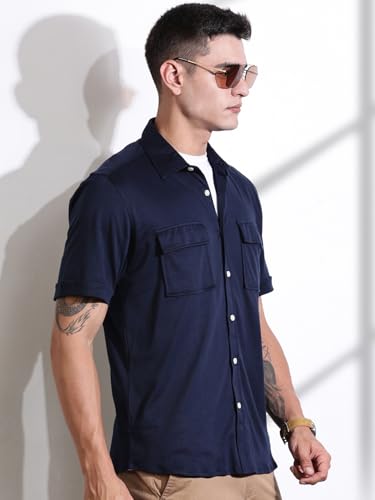 Image of Thomas Scott Men's | Solid | Half Sleeve | Slim Fit | Cotton Blend | Double Flap Pocket | Spread Collar | Casual Shirt