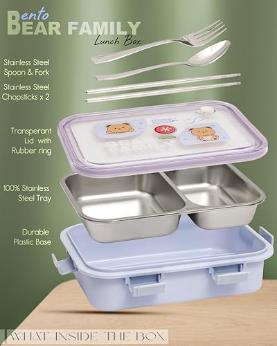 Image of Brand Conquer Lunch Box Leak-Proof BPA Free Stainless Steel for School, Lunch Box for School & Office with a Fork, a Spoon and a Pair of Chopsticks (Purple, Bear Family 2 Compartment)